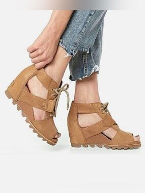 Sorel Joanie Full Grain Leather Lace Up Wedge Open Toe Sandals Tan Brown